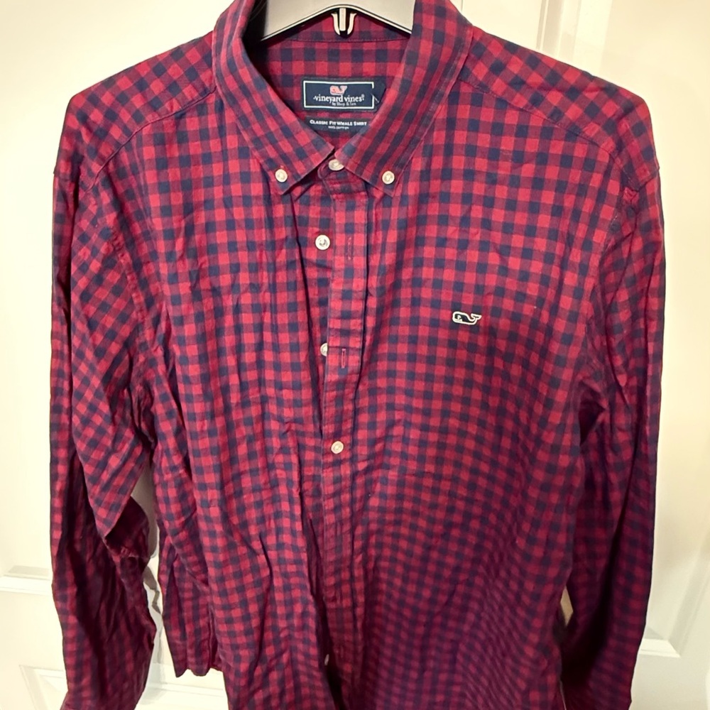 Vineyard Vines Men's Blue and Red Plaid Shirt